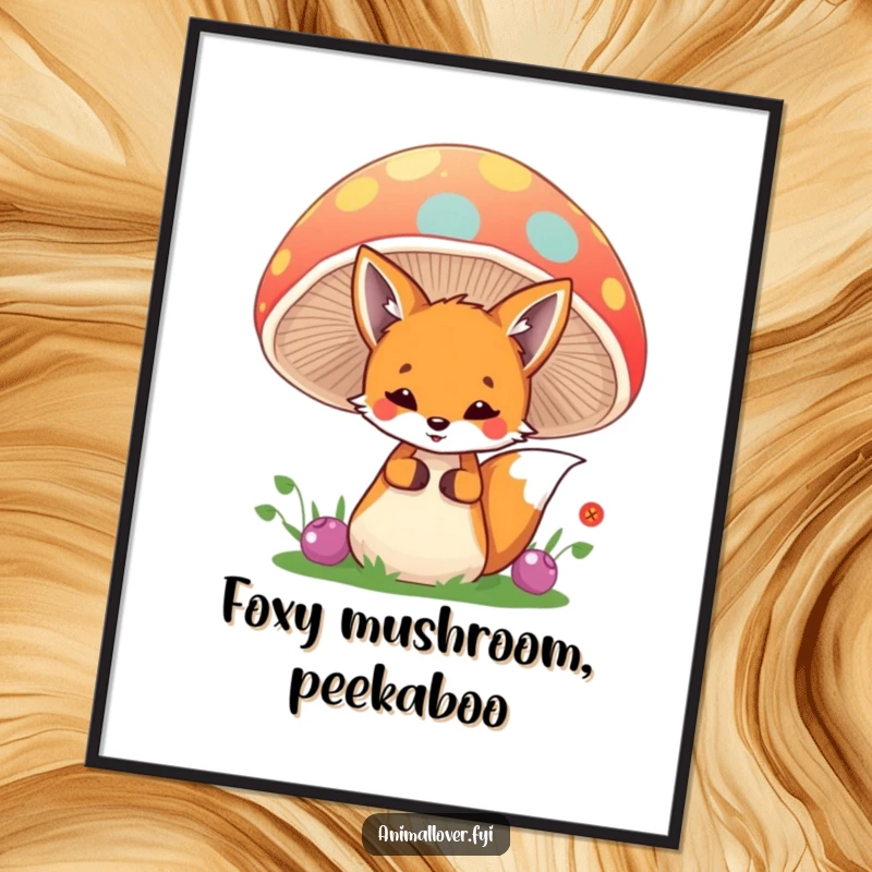 Funny Free Printable Wall Art: A playful fox peeking out sneakily from behind a large, vividly colored mushroom.