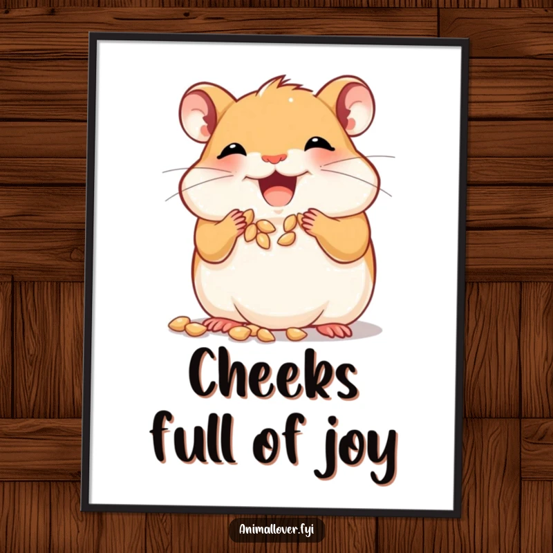 Funny Free Printable Wall Art: A gleeful hamster joyfully stuffs its cheeks to bursting with small seeds.