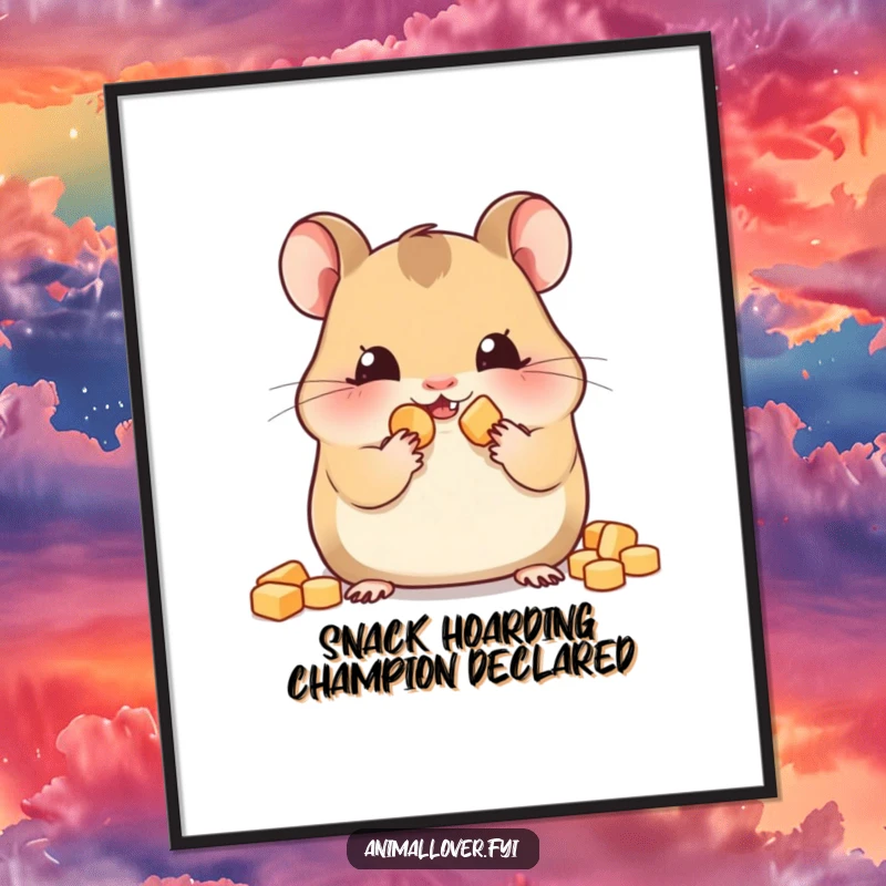 Funny Free Printable Wall Art: A happy hamster with overstuffed cheeks, proudly displaying its hoard of tiny snacks.