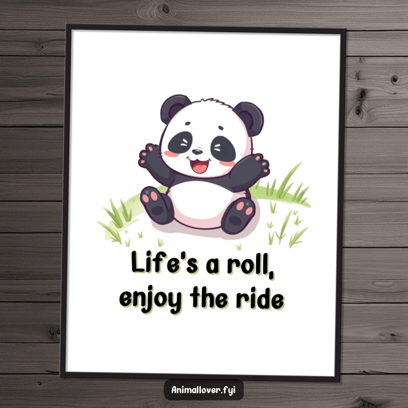 Funny Free Printable Wall Art: Delighted panda cub rolling down a grassy hill, bringing playful energy and smiles, downloadable decor.
