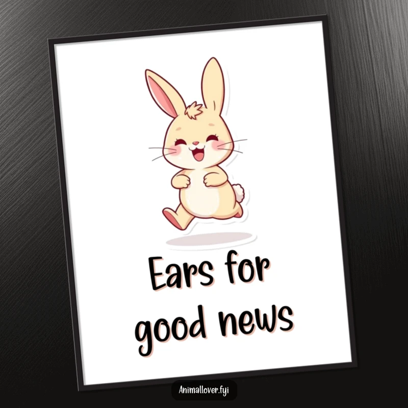 Funny Free Printable Wall Art: An excited rabbit with high-perked ears is shown hopping energetically across a surface.