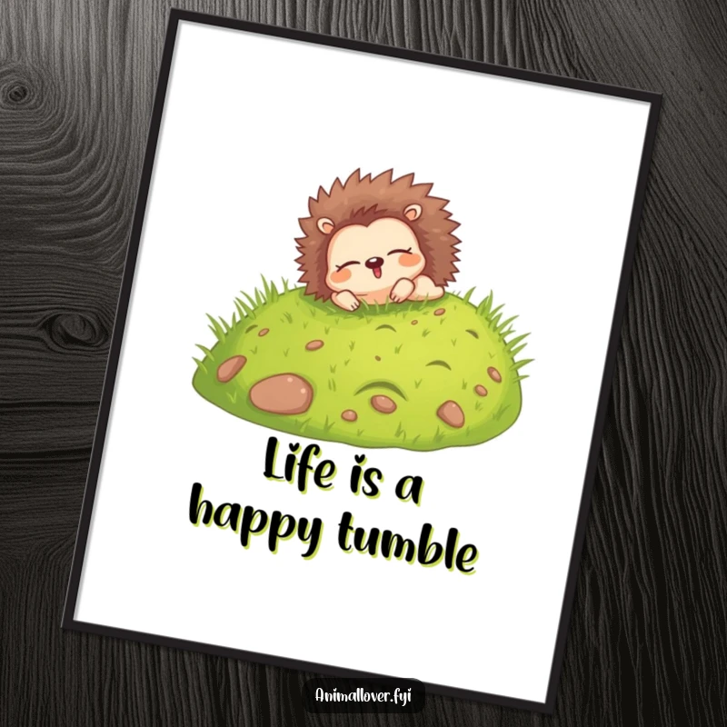 Funny Free Printable Wall Art: A happy hedgehog rolling downhill with eyes closed in pure enjoyment.