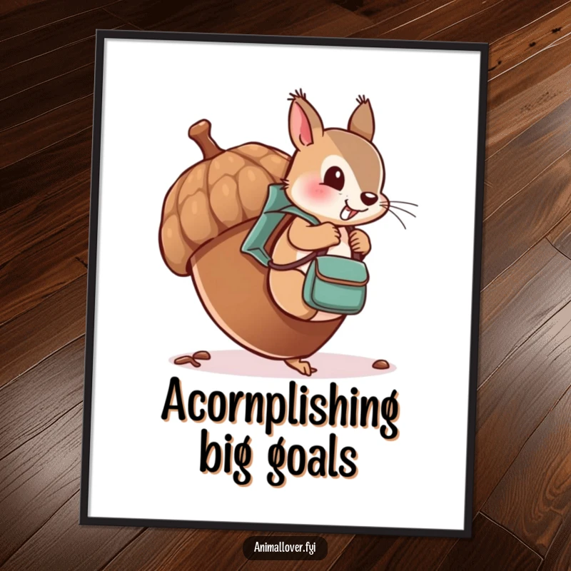 Funny Free Printable Wall Art of a cheeky squirrel with a tiny backpack, climbing an oversized acorn, ready for adventure.