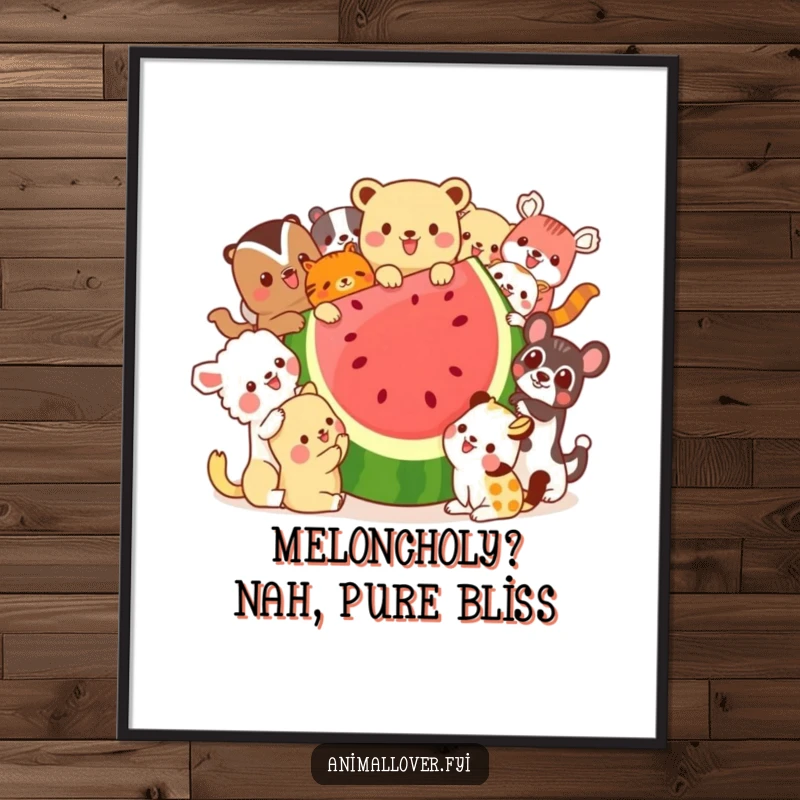 Funny Free Printable Wall Art: A group of diverse animals joyfully sharing and eating a huge watermelon slice.