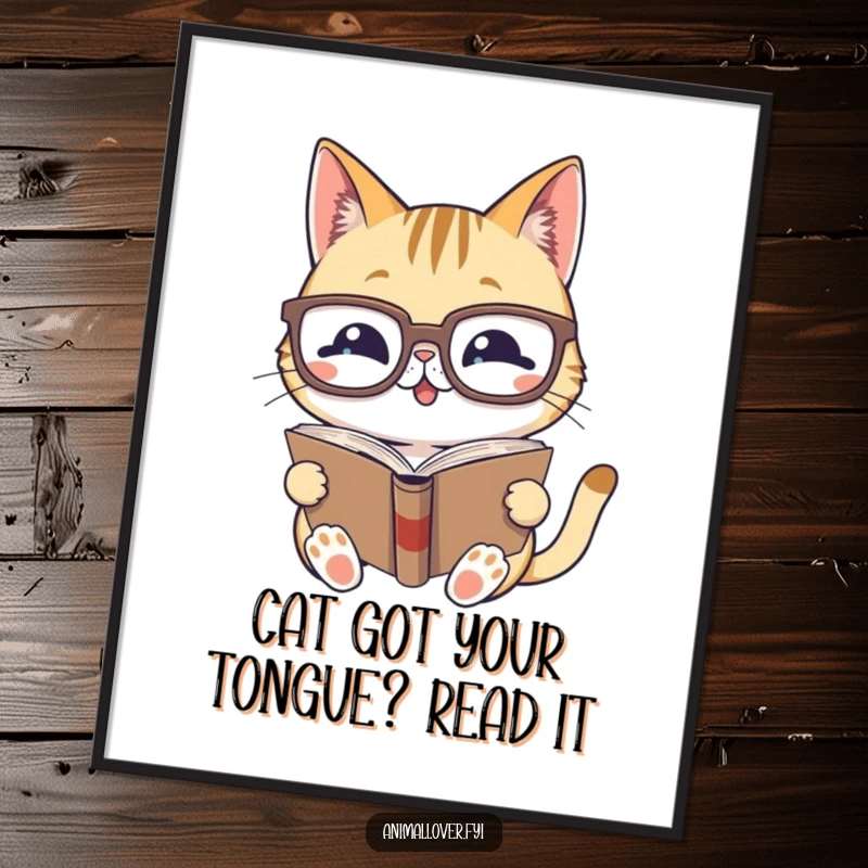Funny Free Printable Wall Art: A gleeful cat wearing oversized glasses engrossed in a book, bringing laughter.