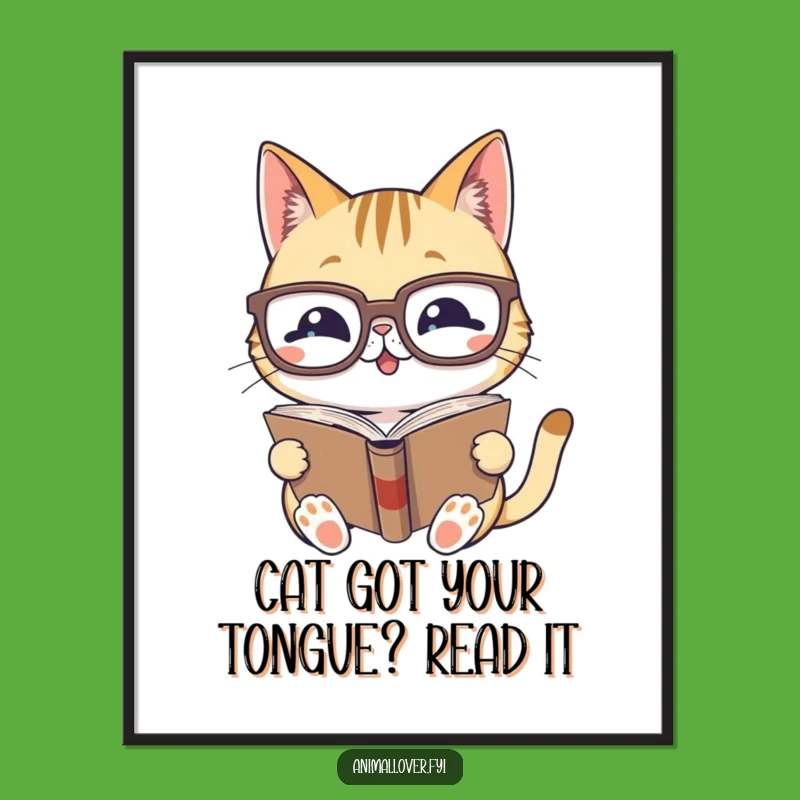 Funny Free Printable Wall Art: Gleeful Bookworm Cat Reading Glasses Downloadable Decor