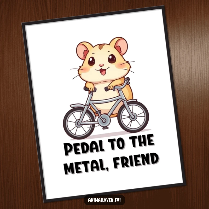 Funny Free Printable Wall Art: A happy hamster with wide eyes pedals a tiny bicycle at full speed with enthusiasm.