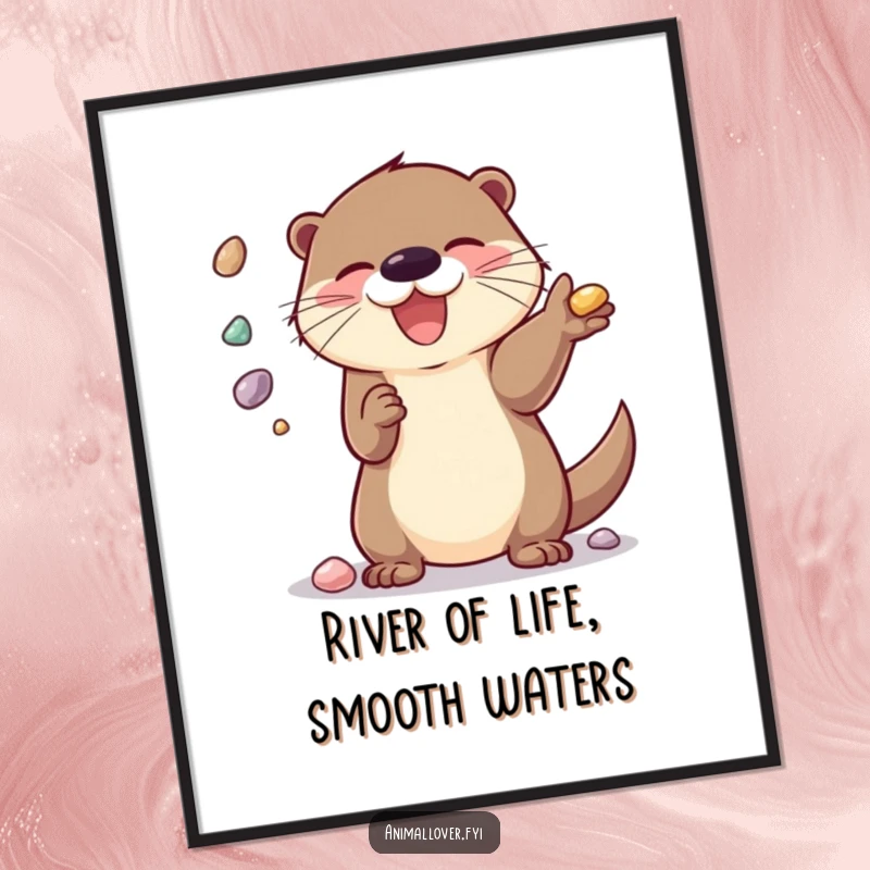 Funny Free Printable Wall Art: A delighted cartoon otter is shown expertly juggling several smooth, shiny pebbles with a happy expression.