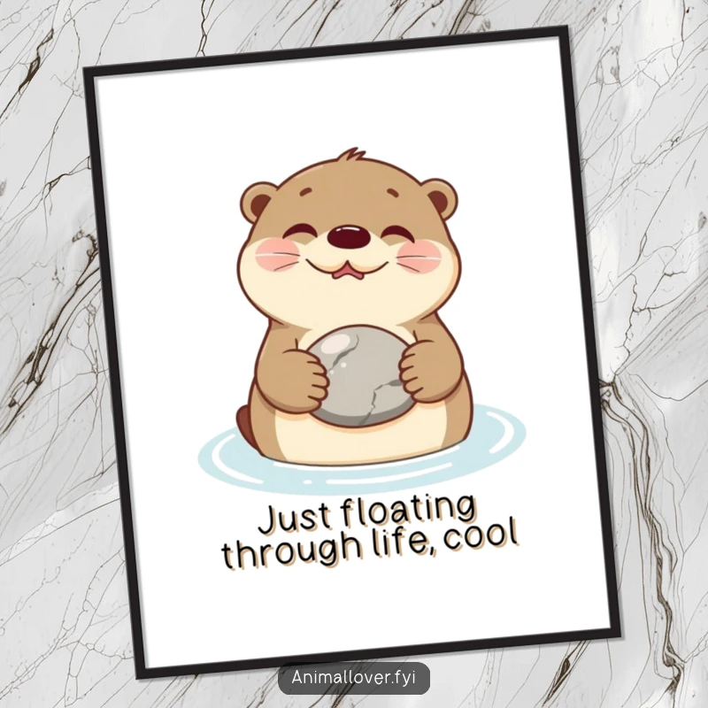 Funny Free Printable Wall Art: A smiling otter floats on its back in calm water, holding a smooth stone contentedly.