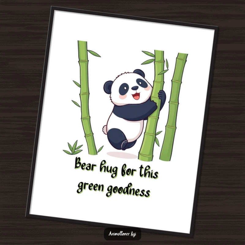 Funny Free Printable Wall Art: A playful panda cheerfully tries to hug a giant bamboo stalk with all its might.
