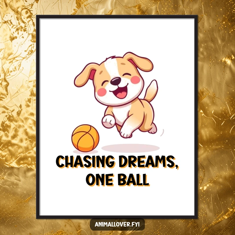 Funny Free Printable Wall Art: A playful dog cheerfully chasing a bouncing ball with a wagging tail, energetic and fun, downloadable art.
