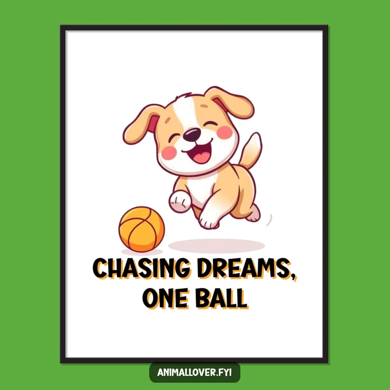 Funny Free Printable Wall Art: Playful Dog Chasing Ball Downloadable Gift