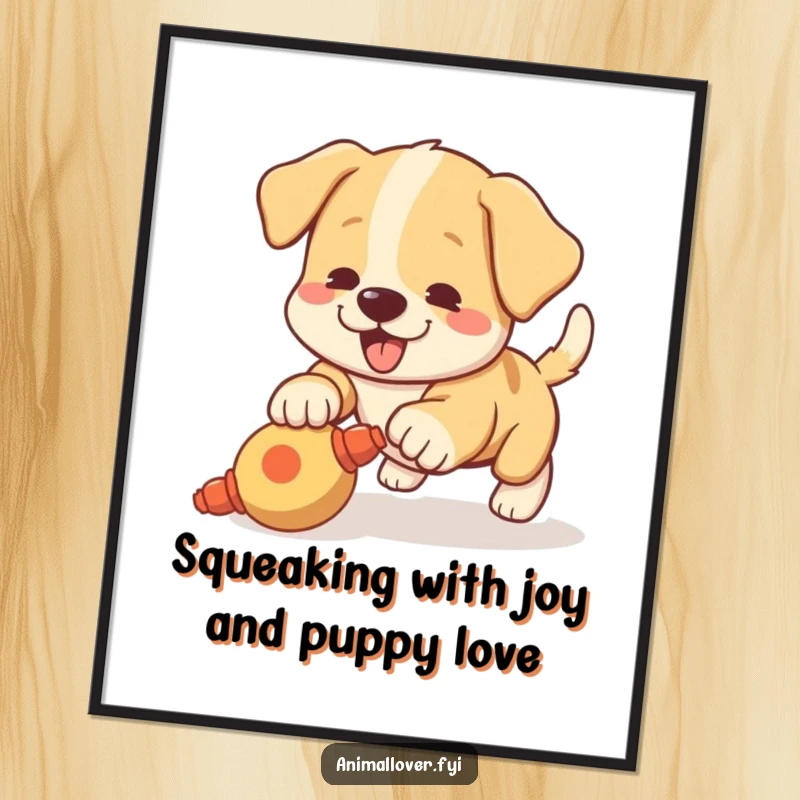Funny Free Printable Wall Art: A playful puppy with a wagging tail excitedly pounces on a squeaky toy.