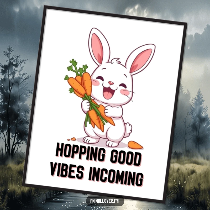 Funny free printable wall art: A humorous illustration of a rabbit protecting a huge bunch of carrots like a king guards his treasure.