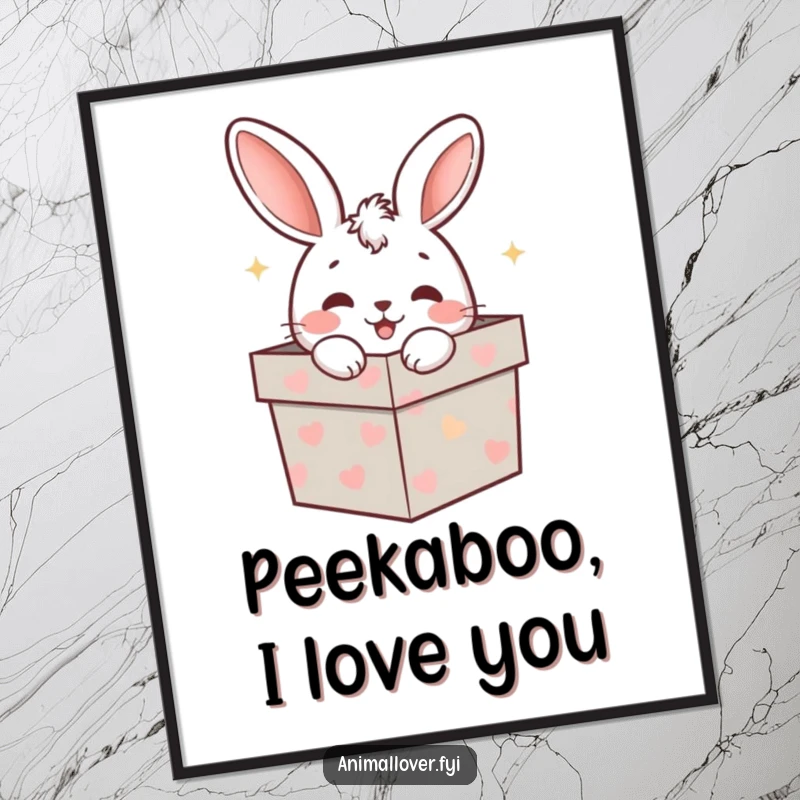 Funny Free Printable wall art: An adorable rabbit with big eyes peeks out of an open gift box, bringing a smile to your space.