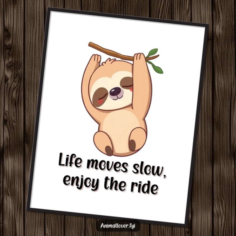 Funny Free Printable Wall Art: A sleepy sloth hangs upside down, smiling gently, bringing chill vibes to any room.