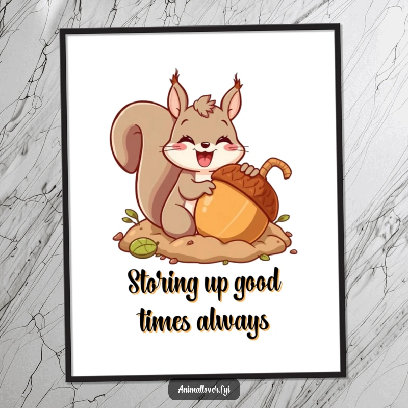 Funny free printable wall art: An animated squirrel is captured in the act of burying a gigantic acorn with utmost glee.