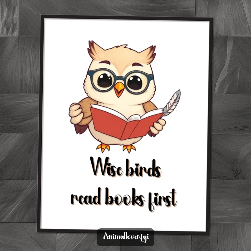 Funny Free Printable Wall Art: A spectacled owl engrossed in an open book, holding a feather, radiating wisdom.
