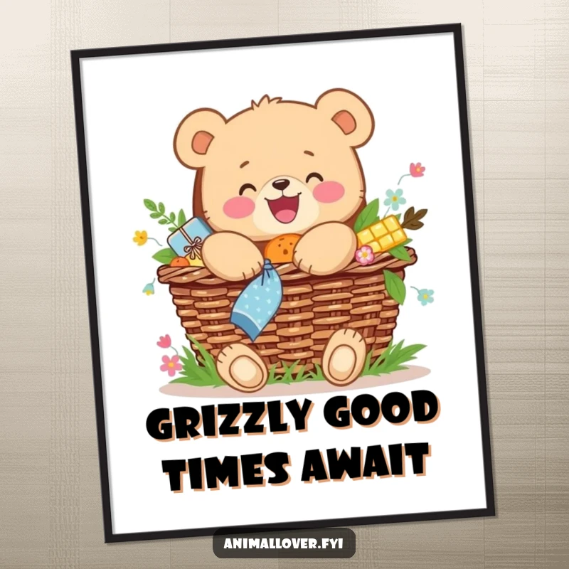 Funny Free Printable Wall Art: A joyful bear cub embraces a picnic basket brimming with delicious food.