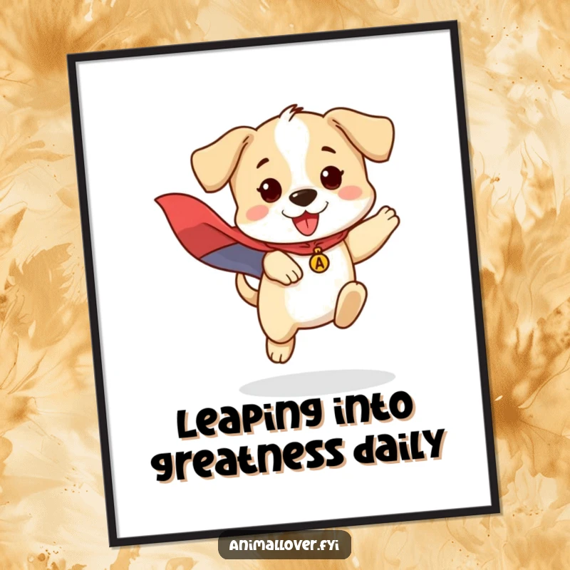 Funny Free Printable Wall Art: Brave puppy in a cape, mid-air jump, embodying courage and fun.