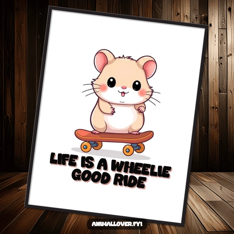 Funny Free Printable Wall Art: A playful hamster masterfully rides a tiny skateboard, exuding pure coolness and confidence.