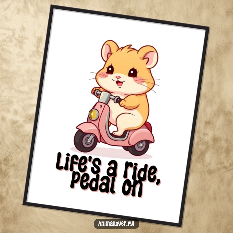 Funny Free Printable wall art of a cool hamster confidently riding a tiny scooter, adding a dash of playful energy to any room.