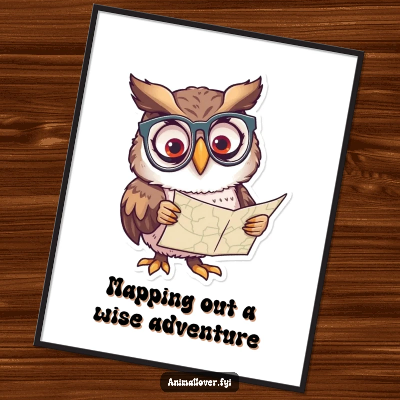 Funny Free Printable Wall Art: A curious owl wearing spectacles peers intently at an old, detailed map.