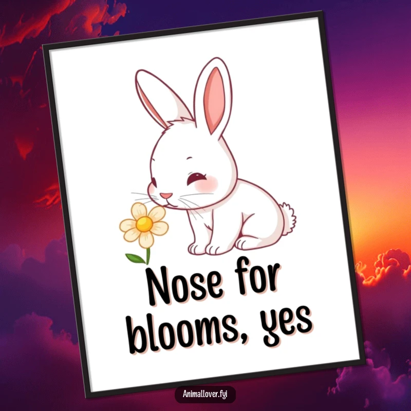 Cute Free Printable Wall Art: A curious rabbit with a twitching nose gently sniffing a beautiful, bright flower.