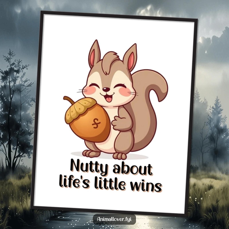 Funny Free Printable Wall Art: Winking squirrel holding a giant acorn, bringing playful charm and humor to your walls, downloadable art.