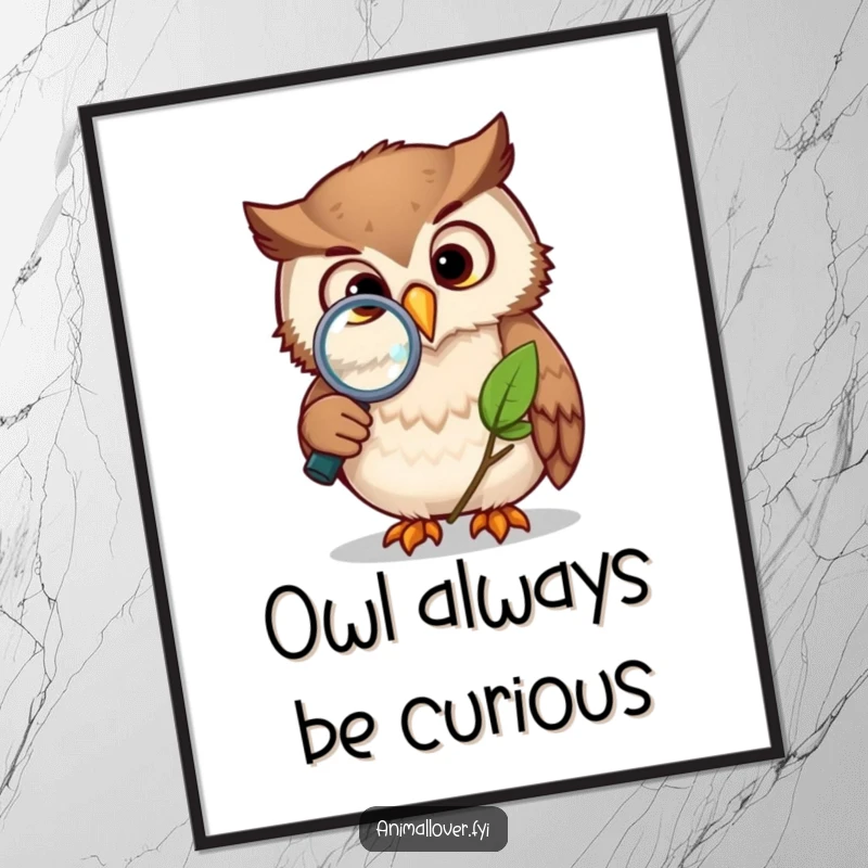 Funny Free Printable Wall Art: A curious owl intently examining a leaf through a magnifying glass, inspired by nature.