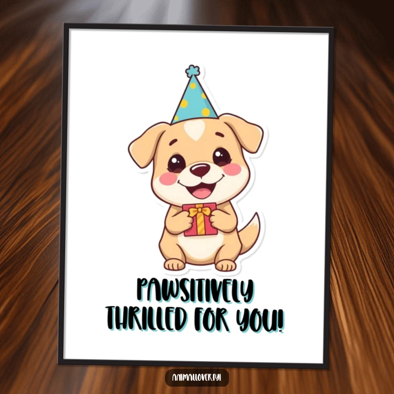 Funny Free Printable Wall Art: A happy dog in a party hat holds a gift, creating a festive and joyful atmosphere in your home.