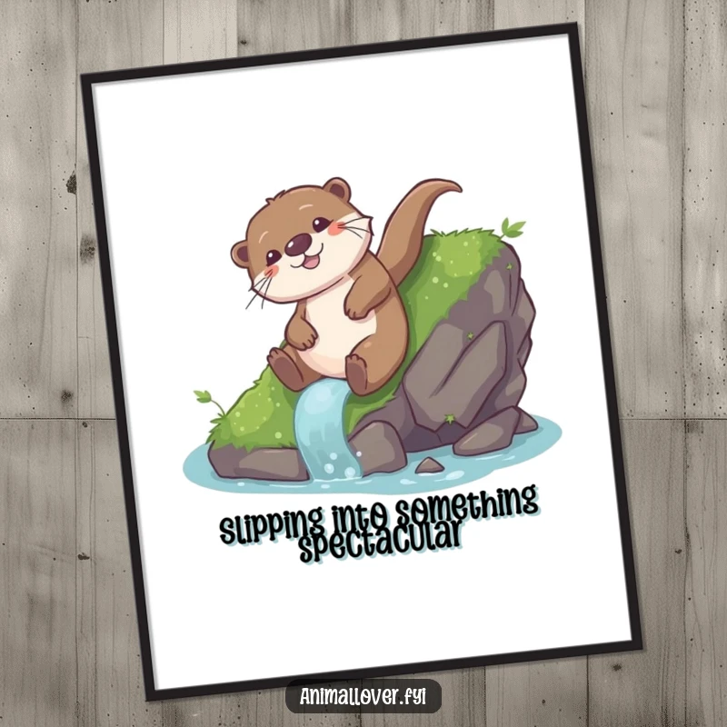 Funny Free Printable Wall Art: A happy otter gleefully slides down a wet, mossy rock.