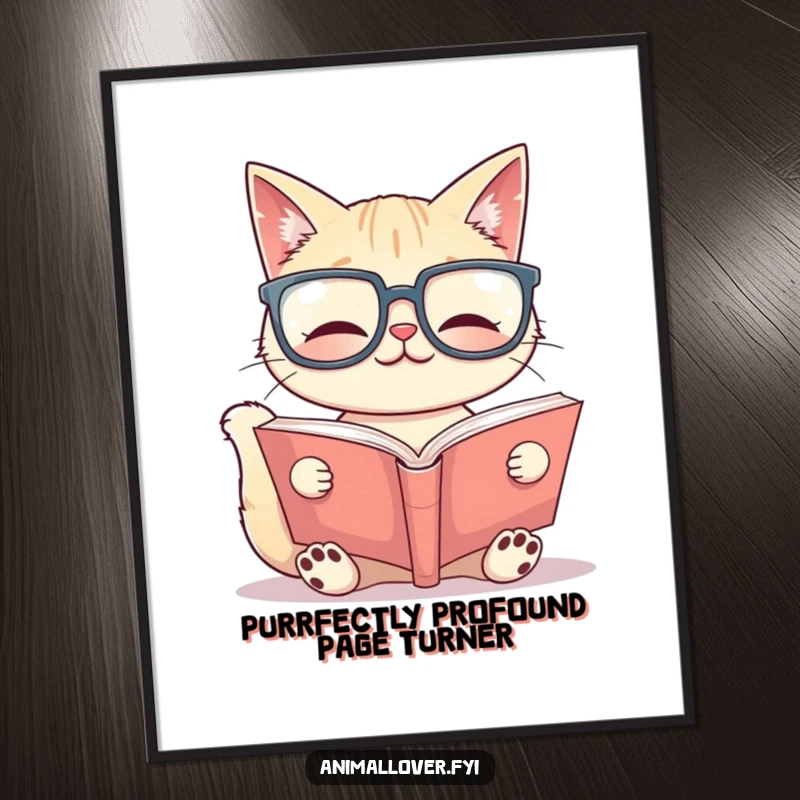 Funny free printable wall art of a smiling cat wearing oversized glasses, deeply engrossed in reading a very large book, adding a studious and whimsical touch.