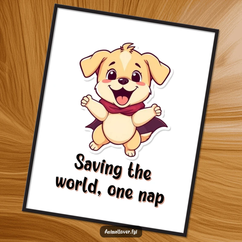Funny Free Printable wall art of an excited puppy in a superhero cape, flying with determination and a smile, ready to protect and serve.