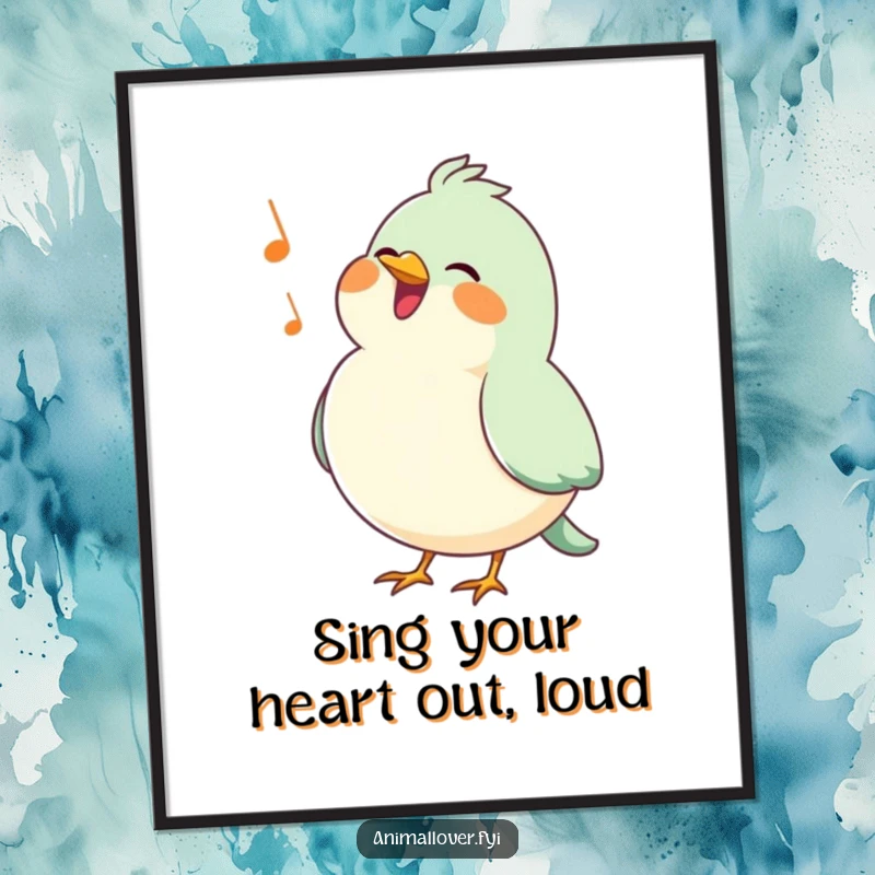 Funny Free Printable Wall Art: A happy bird with puffed chest sings a cheerful tune, bringing vibrant energy indoors.