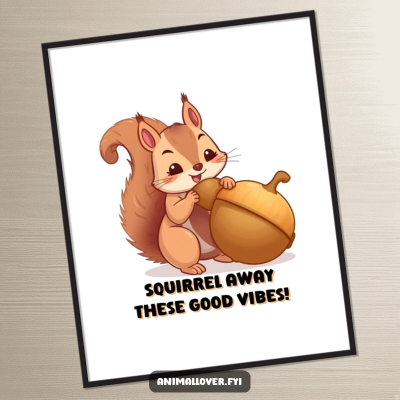 Funny Free Printable Wall Art: A determined squirrel happily hoarding an oversized acorn, quirky downloadable decor.