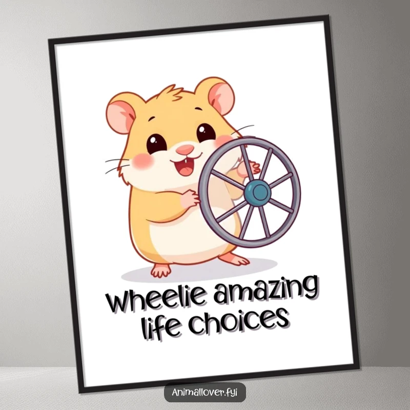 Funny Free Printable Wall Art: Energetic hamster holding toy wheel, captured mid-sprint with pure joy and motivation!