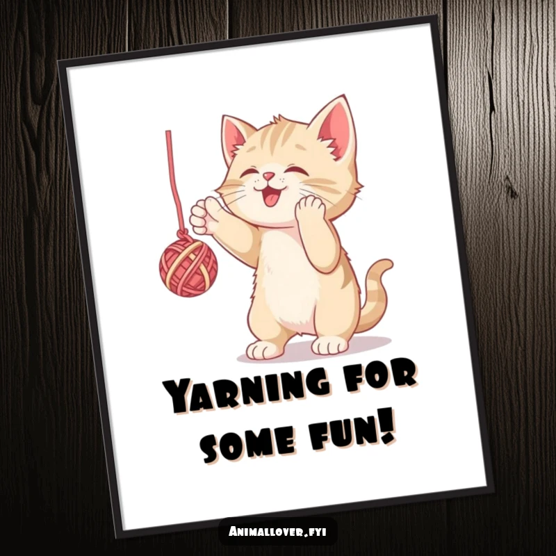 Funny Free Printable Wall Art: A cute kitten triumphantly playing with a large ball of yarn, a playful downloadable decor piece.