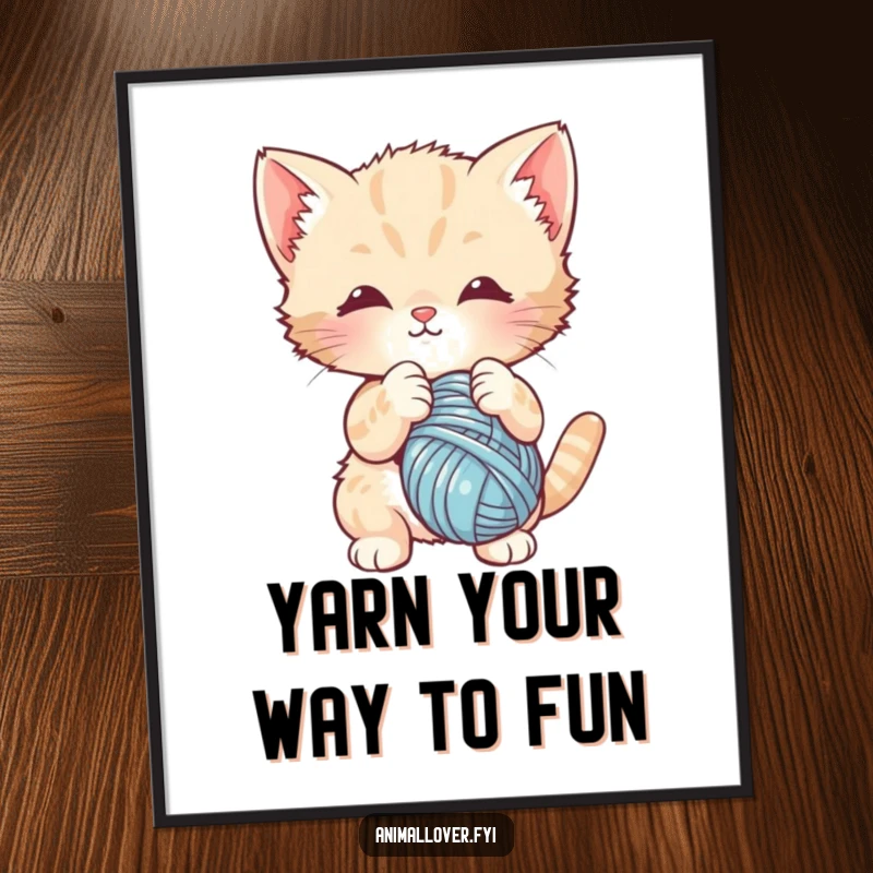 Funny Free Printable Wall Art: A cute kitten playfully batting at a dangling yarn ball, bringing cozy vibes.