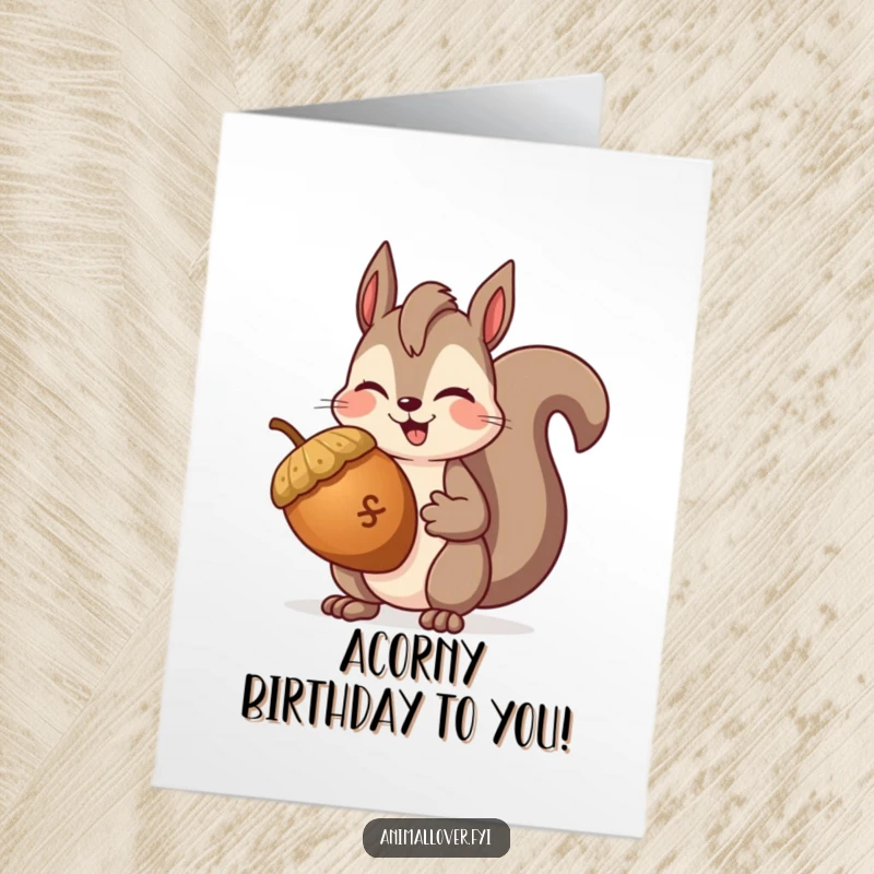 Funny Free Printable Birthday Card: Smiling squirrel holding a giant acorn winks cheekily, perfect for a humorous celebration, downloadable.