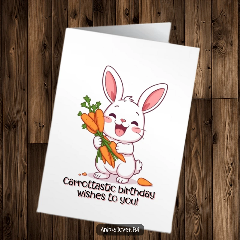 Funny free printable birthday card: A rabbit clutches a bouquet of carrots like precious treasure, ready for a birthday surprise.