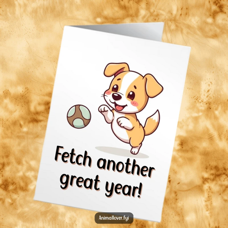 Funny Free Printable Birthday Card with an excited dog chasing and fetching a ball, tail wagging furiously.
