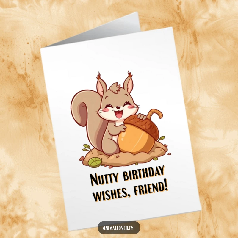 Funny free printable birthday card: An energetic squirrel gleefully buries an oversized acorn, celebrating a special day.
