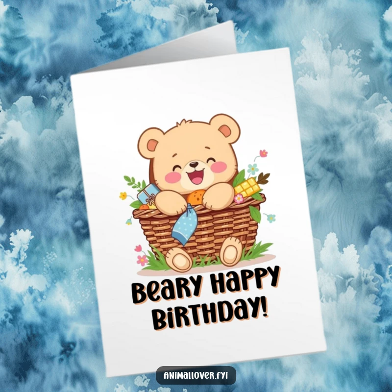 Funny Free Printable Birthday Card: A joyful bear cub happily hugs a picnic basket overflowing with goodies.