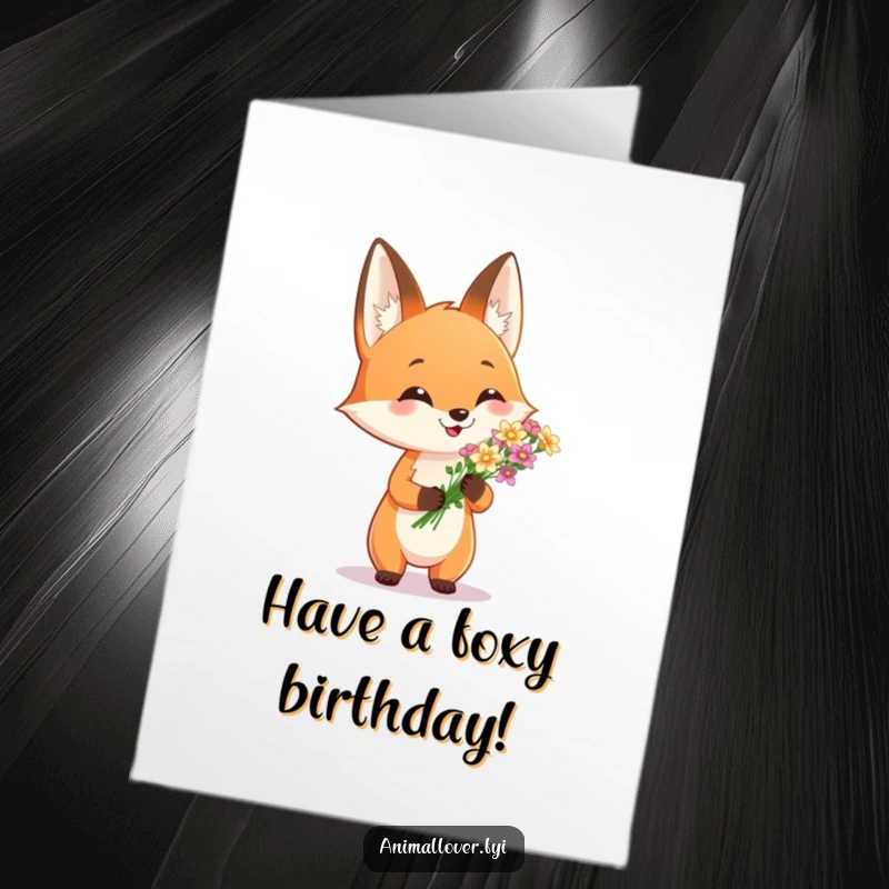 Funny Free Printable Birthday Card: A cheerful fox proudly presenting a small bouquet of delicate flowers, a charming DIY greeting.