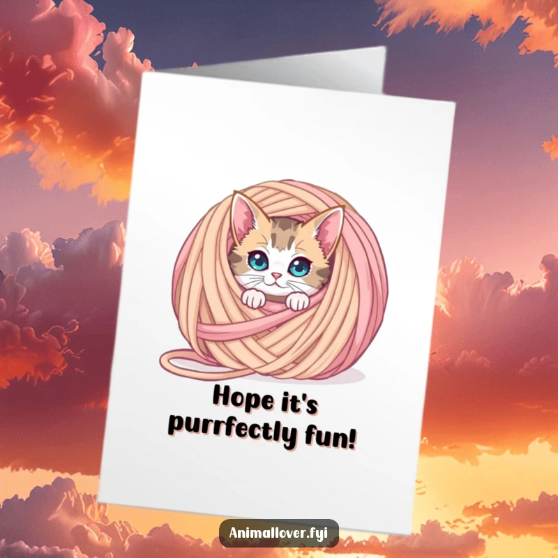 Funny Free Printable Birthday Card: A curious cat with wide eyes peeks from behind a massive ball of yarn.