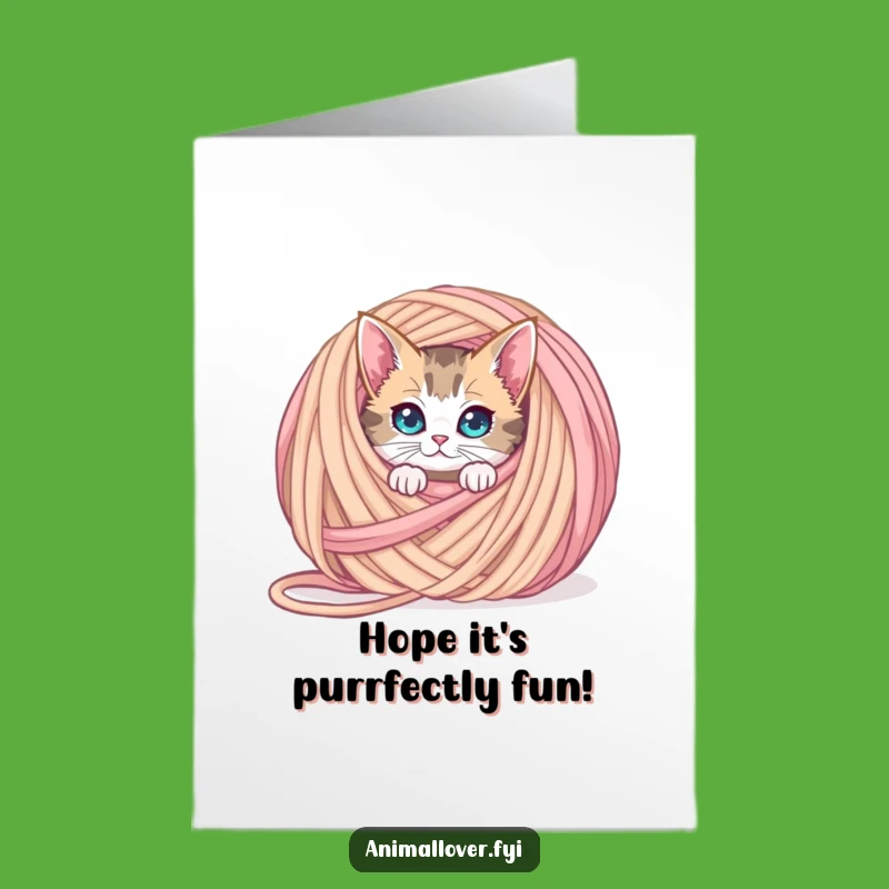 Free Printable Birthday Card: Curious Cat Yarn Surprise, Funny Downloadable Gift Idea