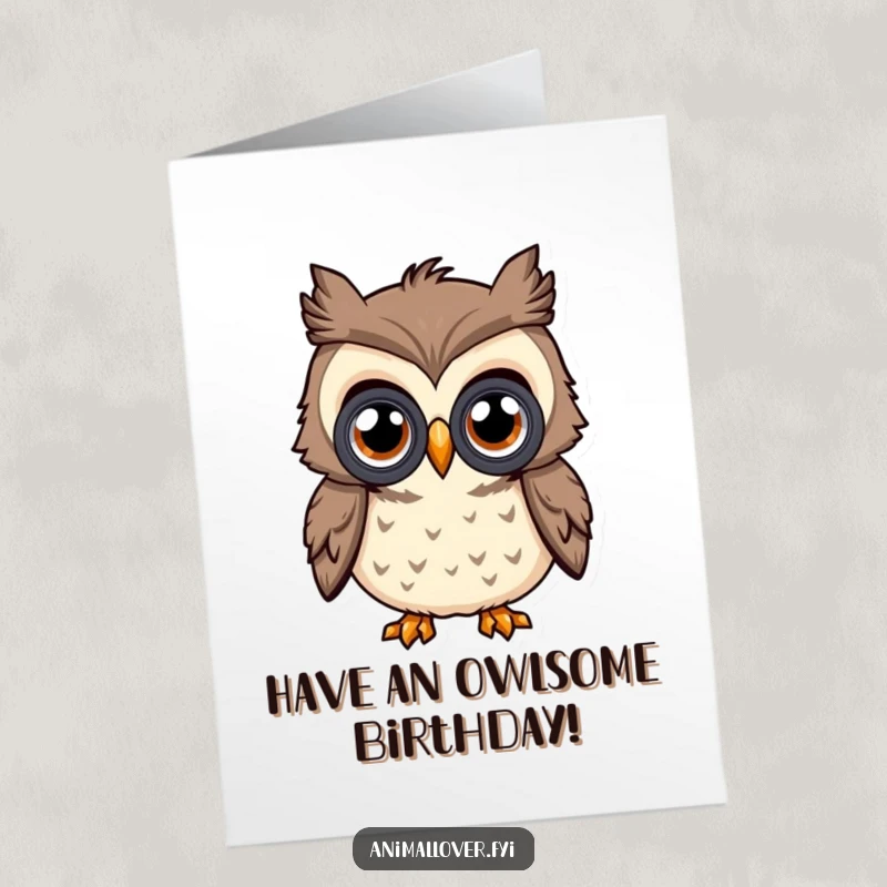 Funny Free Printable Birthday Card: Curious owl with oversized eyes peers through binoculars, searching for birthday fun, downloadable gift.