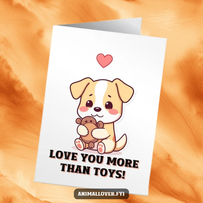 Funny Free Printable Birthday Card: Adorable dog with a heart, hugging its favorite toy, ready to celebrate.