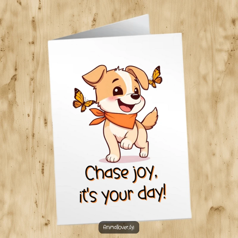 Funny Free Printable Birthday Card featuring a happy dog in a bandana, wagging its tail while joyfully chasing a butterfly.